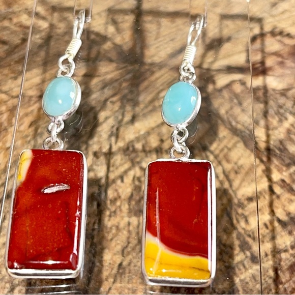 Mookaite & Caribbean Larimar Earrings 2 1/2” - Picture 4 of 10